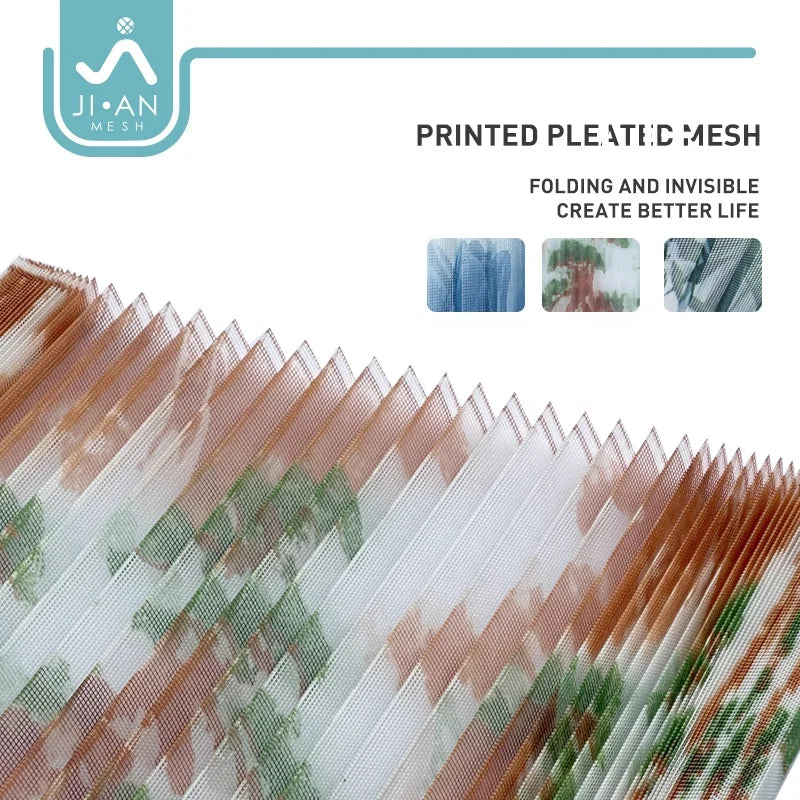 Decorative Custom Pattern Printed Pleated Mesh Blue/Pink Waterproof Polyester Window Plisse Insect Screen Door Mosquito Nets