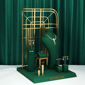 Sundo Custom Suede Microfiber showcase Diy Jewellery Display Rack Green Necklace Ring Jewelry Display Stands Sets for Counter