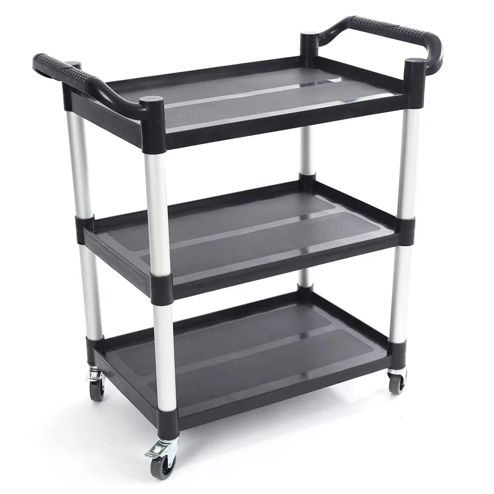 31.5" X 17" X 37.8" Black 3-Tier Food Service Trolley Heavy Duty 528lbs Rolling Plastic Utility Cart With Wheels