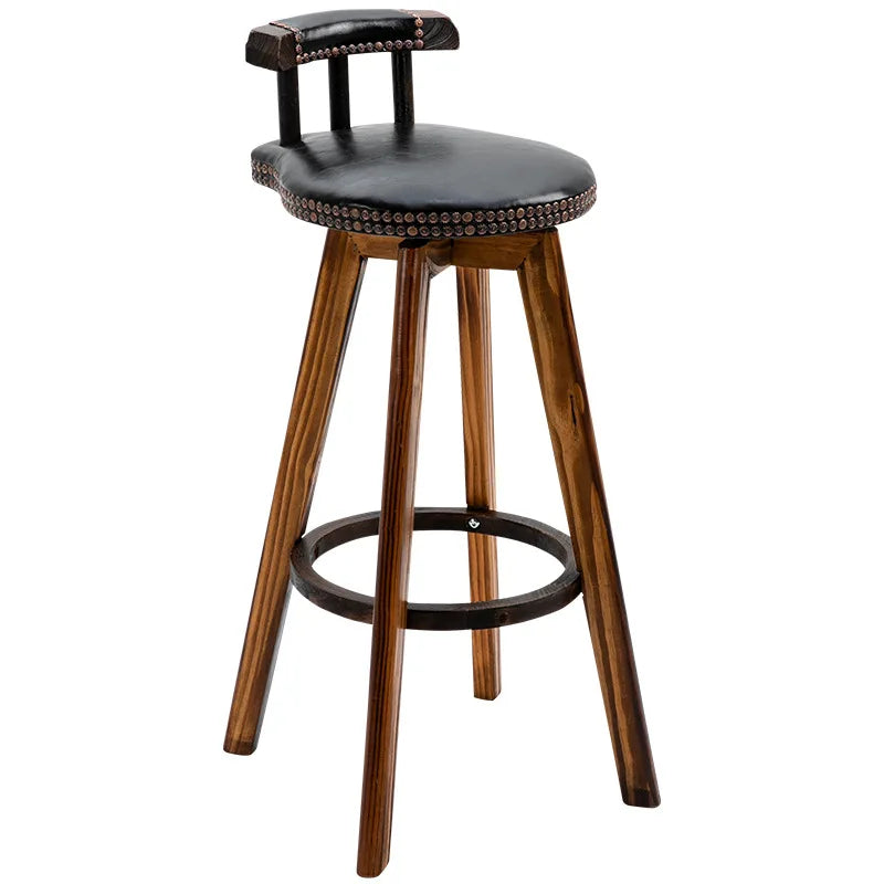 Modern Retro American Swivel Bar Stool Carbonized Solid Wood with Leather Finish for Home Hotel Dining or School Bar Chair