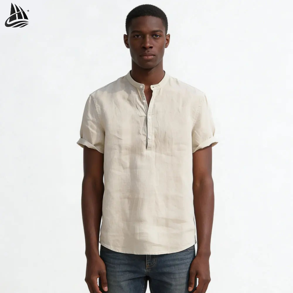 OEM Custom Summer 2021 Men's Shirts Casual Linen Material Tops Short Sleeve Slim Cotton Linen Shirt