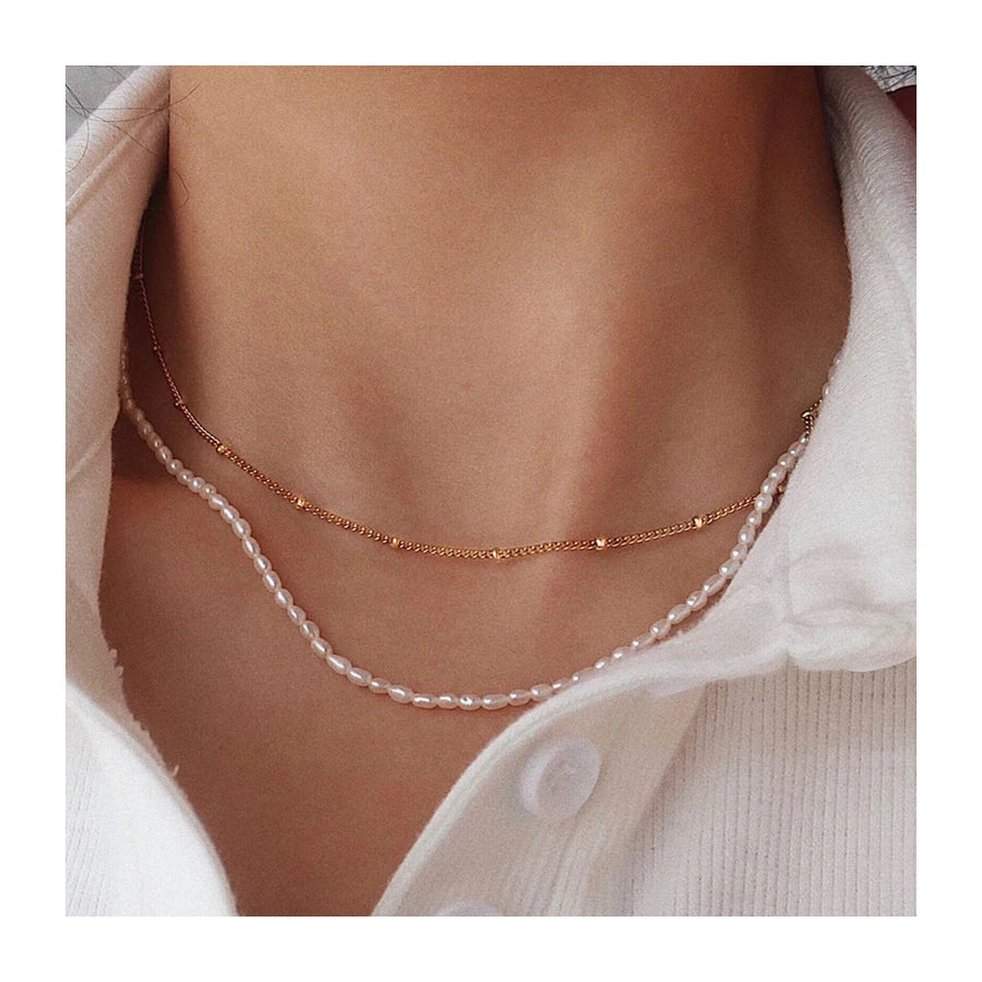 French Tiny Freshwater Pearl Choker Necklace Dainty 18k Gold Plated Stainless Steel Double Layer Chain Necklace Bridesmaid Gifts