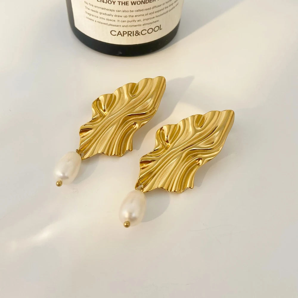 18k Gold-plated Stainless Steel High-end Diamond Shaped Earrings Joyas De Acero Inoxidable Freshwater Pearl Earrings