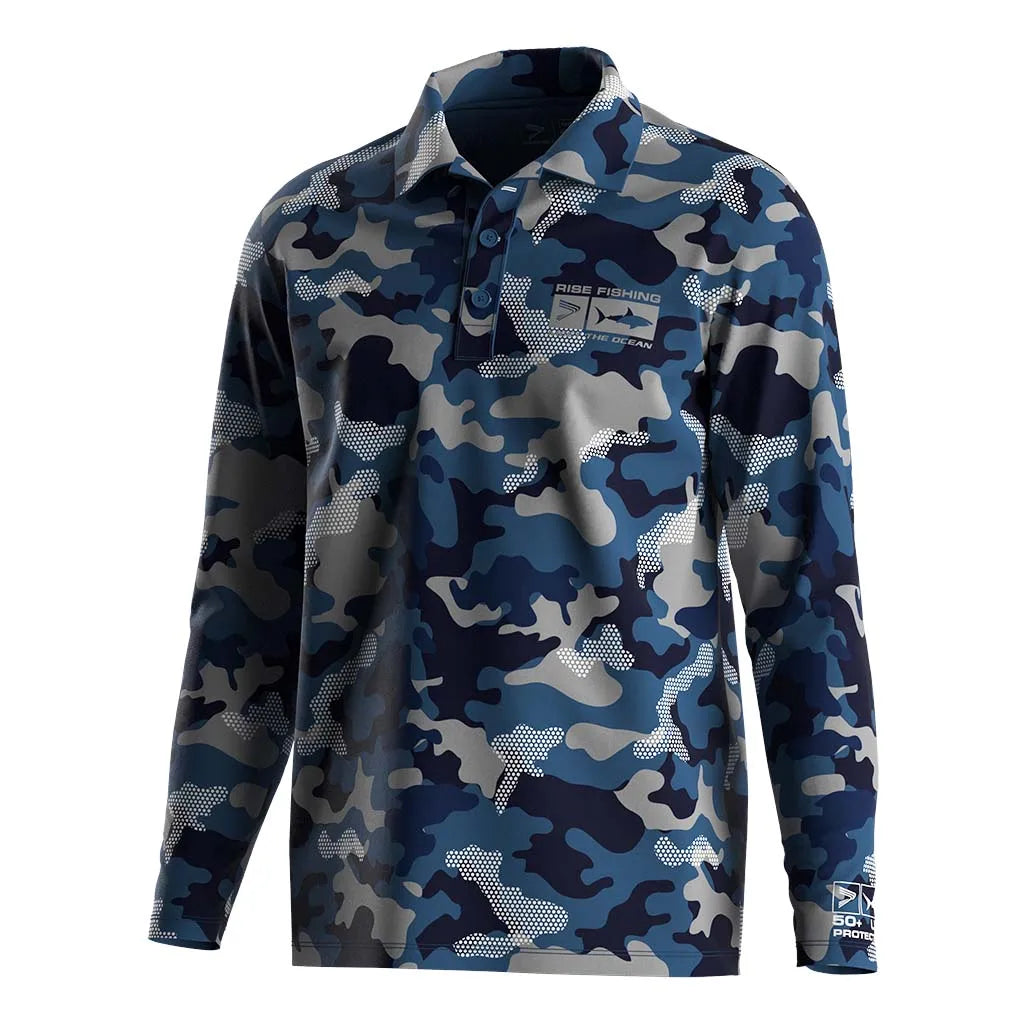 Blue Camo Durable Moisture Wicking Golf Shirts Fishing Shirt Performance Quick-Dry Polo Shirts Long Sleeve