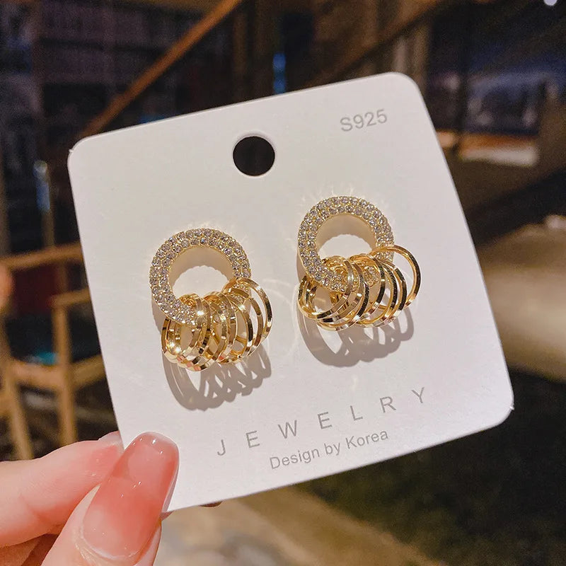 Full Zircon Circle Hoop Stud Earrings for Women Girls Korean Style Elegant Crystal Jewelry Ear Rings Fishtail Lady Earrings