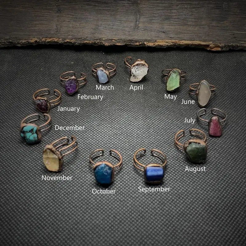 Stone Crystal Rings Bronzed Plated Adjustable Irregular Healing Raw Stones Vintage Joint Birthstone Rings Hiphop Jewelry