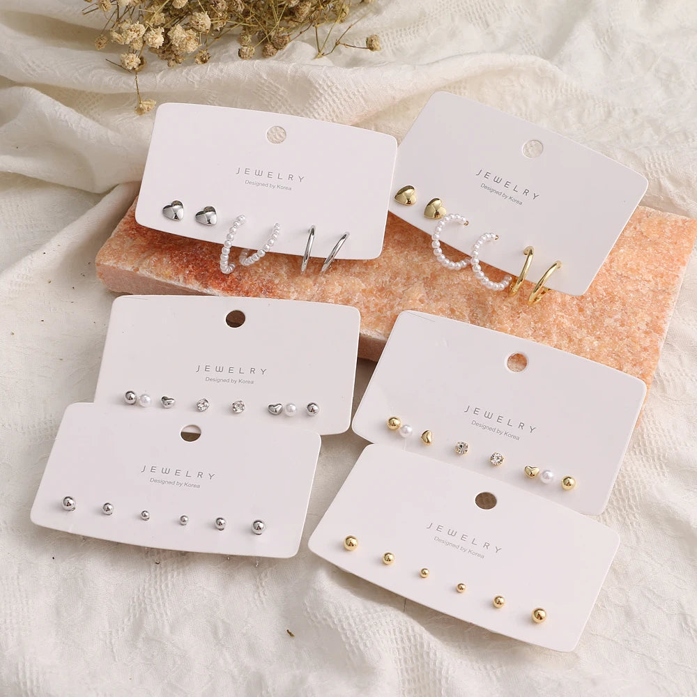 Trendy Korean Style Gold Plated Stud Earrings Set for Women Silver Pearl Circle Hoop Stud Earrings Jewelry