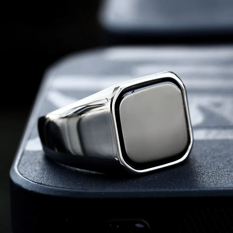 SS8-1055R 2023 New Design High Polished Stainless Steel Ring for Men Black Agate Stone Ring Square Gemstone Fashion Jewelry