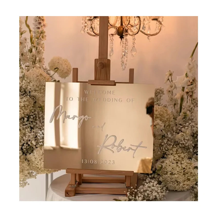 Custom Personalised Golden Mirror Acrylic Wedding Welcome Sign Stand Gift Decoration
