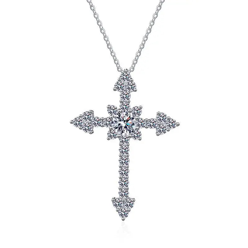 Silver 925 Original Diamond Test Past 0.5-1 Carat Brilliant Cut D Color Moissanite Cross Pendant Necklace Gemstone Jewelry
