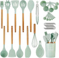 Silicone Kitchen Utensil Sets Wooden Handle Kitchen Gadgets Cooking Set With Holder