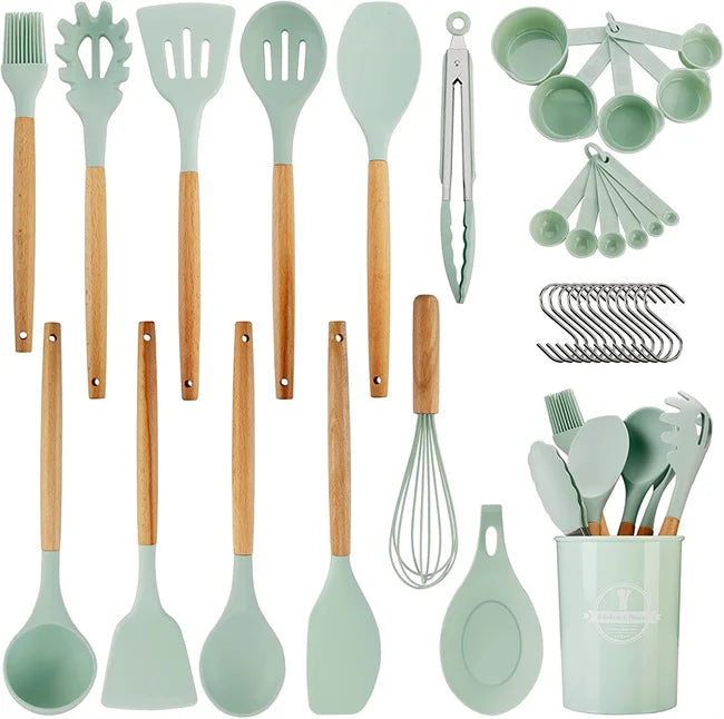 Silicone Kitchen Utensil Sets Wooden Handle Kitchen Gadgets Cooking Set With Holder
