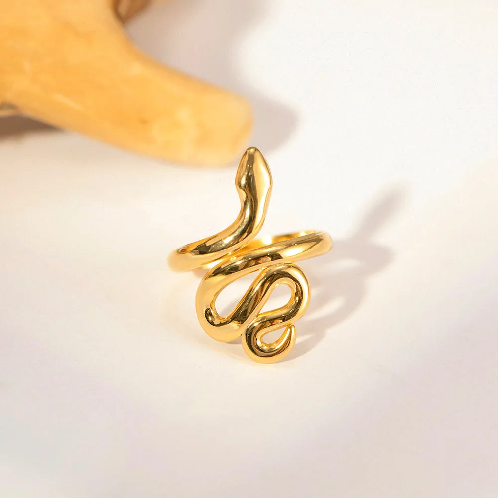 Europe and America Personalized Ring 18k Gold Plated Stainless Steel Non Tarnish Open Adjustable Snake Shape Ring for Women