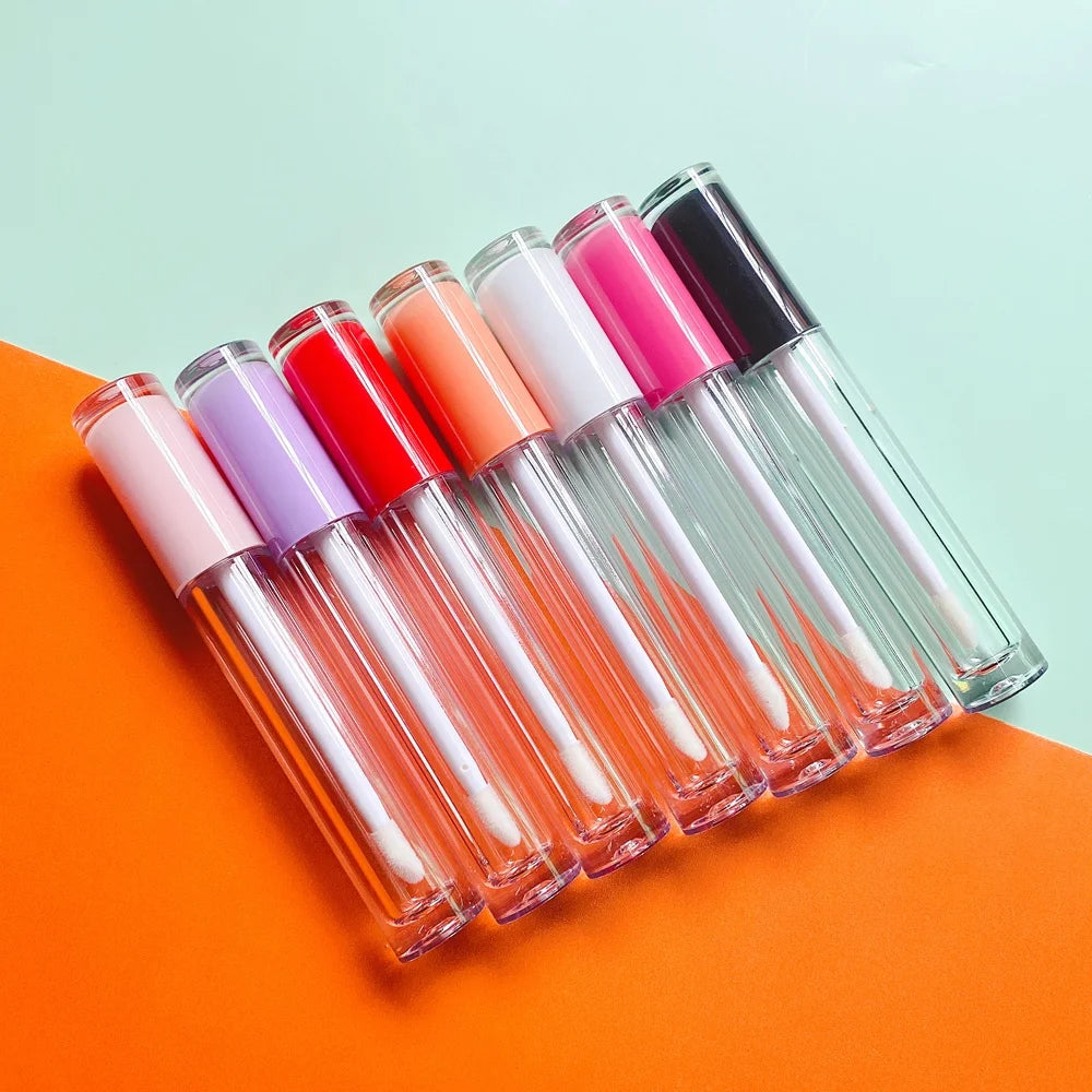 Stock 100pieces Pink Purple Red Orange White Black Top Clear Bottle Round 5ml Empty Lip Gloss Wand Tube Container