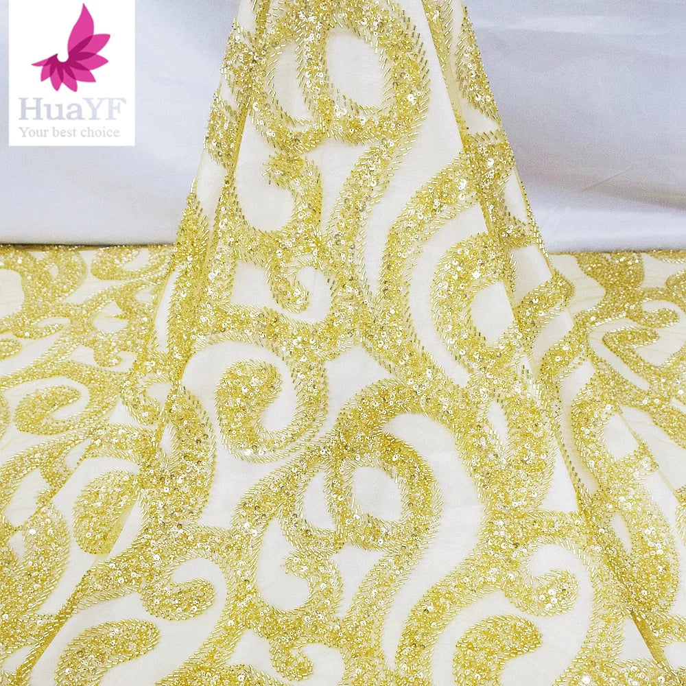 Hot Selling Gold Heavy Beaded Tulle Lace With Shiny Sequins Fabric for Party Dress  HY2215