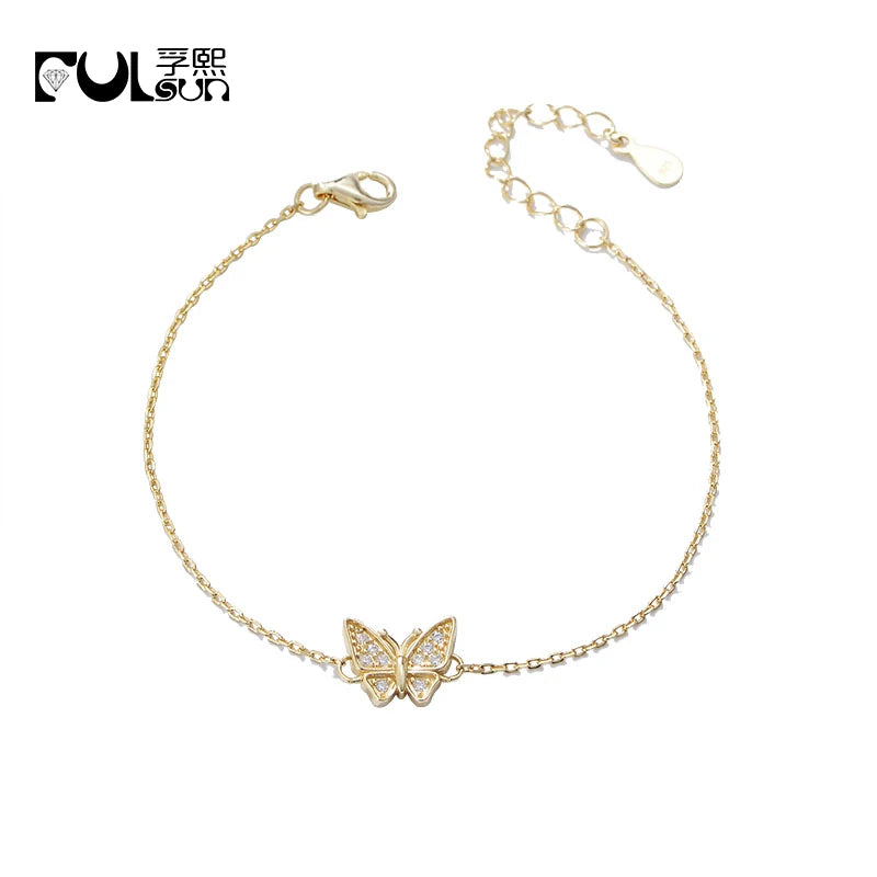 Beautiful Elegant Adjustable Charm Bracelet 925 Sterling Silver  Gold Plated Cz Cubic Zirconia butterfly Link Chain Bracelet