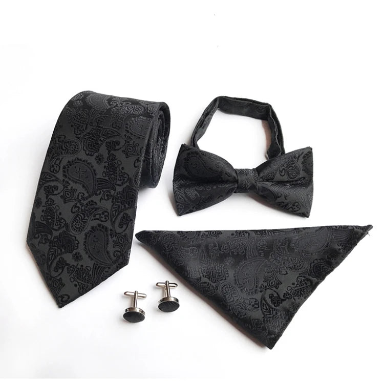 Custom Bow Tie Necktie Set Gift Box Paisley Mens Neck Tie Set Fashion Tie Pocket Square and Cufflink Set