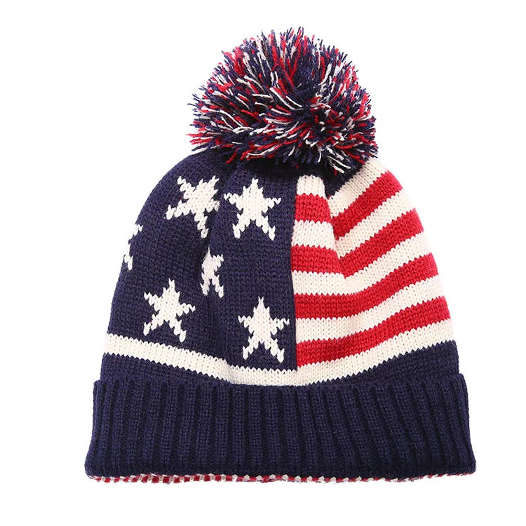 Winter Warm Knit US Flag Union Jack Pom Beanie Hat
