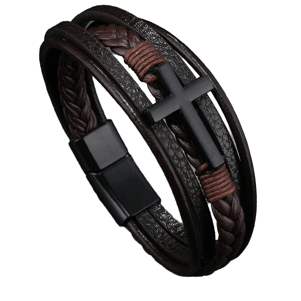 Hot Selling Punk Rock Style Alloy Magnet Clasp Leather Multilayer Cuff Bracelet Fashion Bracelet for Him Gift