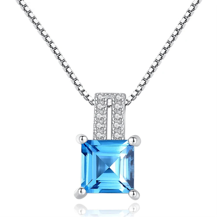 Luxury Fine Jewelry Square Shape Blue Topaz Gemstone Pendant 925 Sterling Silver Zircon Stones Necklace for Women