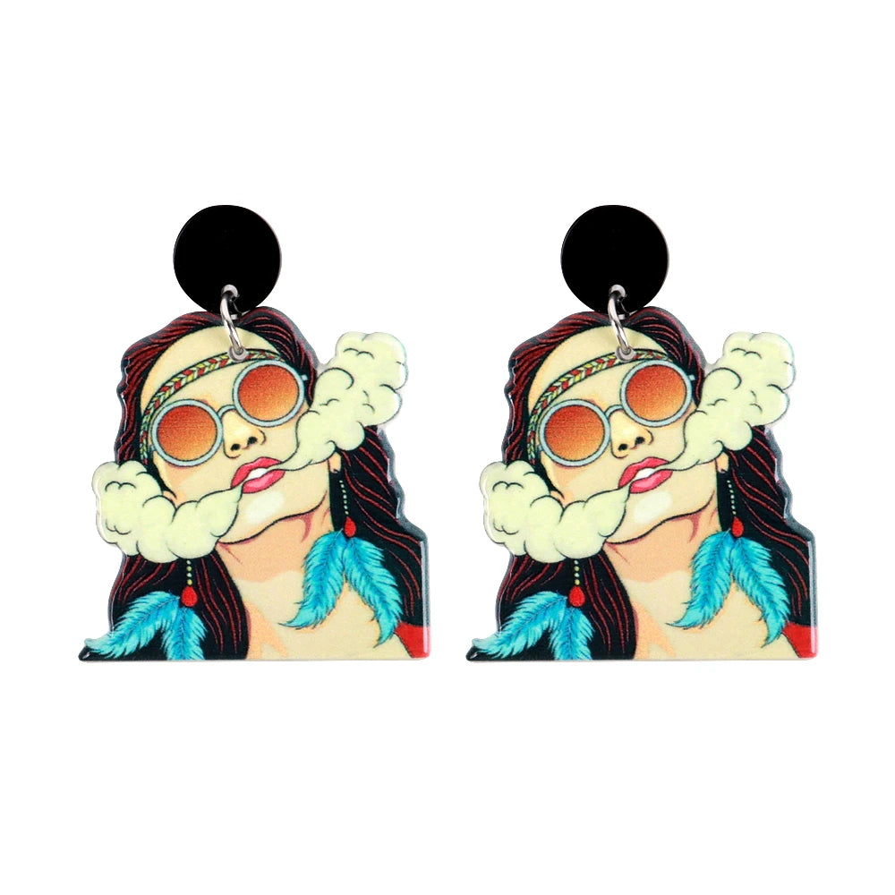 Hot Sale Hip Hop Personality Sunglasses Girl Smoking Blue Feather Charm Confident Ladies Earrings