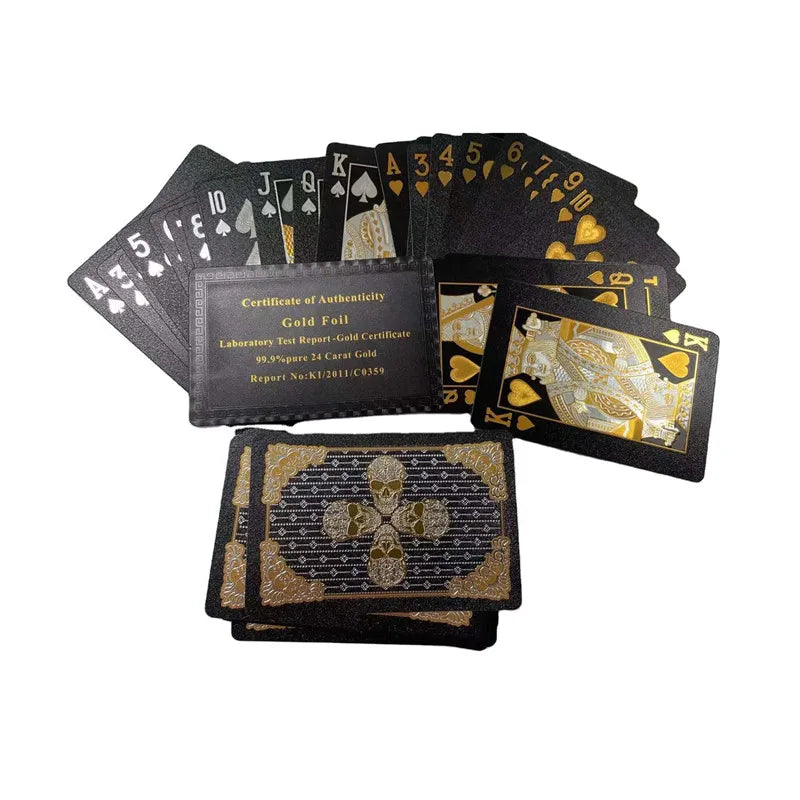 Hot Sale Black PET Poker Cards Durable Gold Foil Skull Playing Cards Plastic