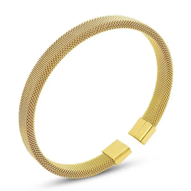 INS Simple Stainless Steel Gold Plated 8MM Wide Weave Cuff Bangle Titanium Steel Open Strap Chain Band Mesh Bangle Bracelet