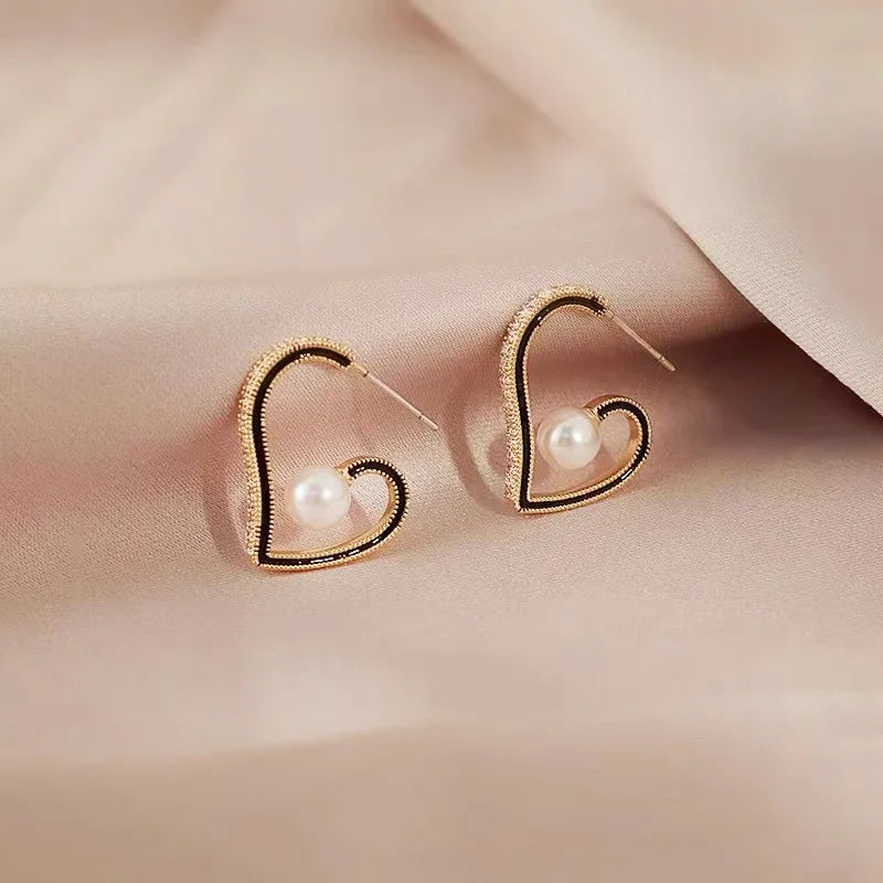 S925 Silver Needle Light Luxury Stud Earrings Trendy Black Heart Hoop Earring Gold Plated Pearl Earring for Women
