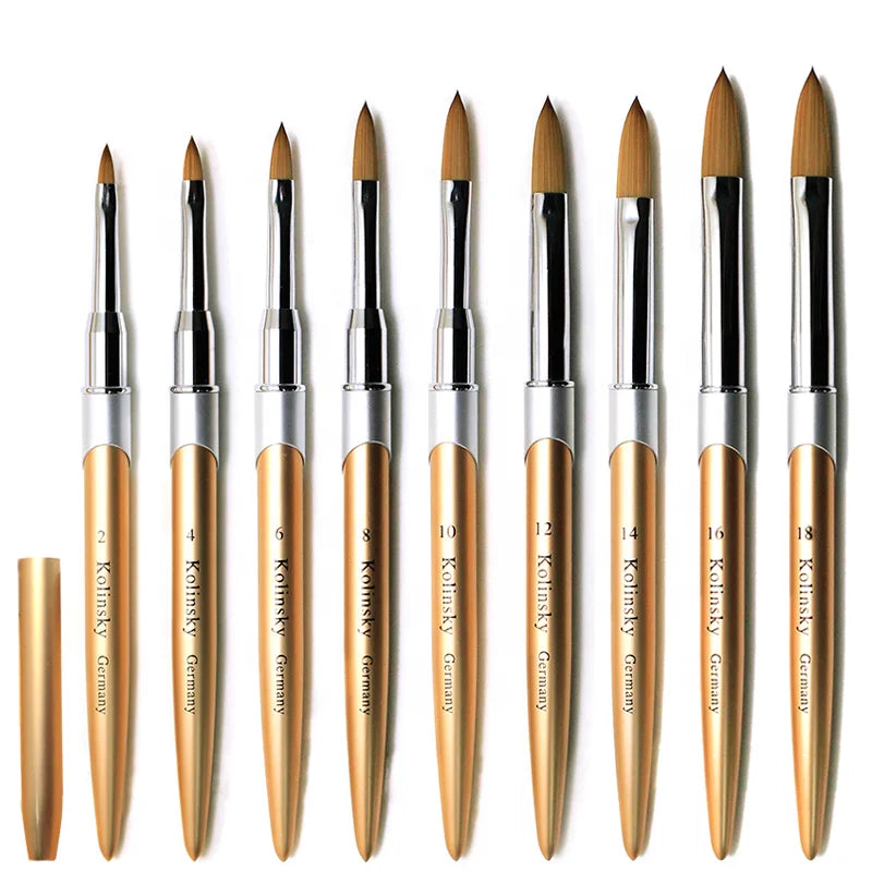 Custom Gold Metal Rod Pure Kolinsky Acrylic Nail Brush Private Label Crimped Head Nail Art Brushes Supplies for Acrylic Manicure