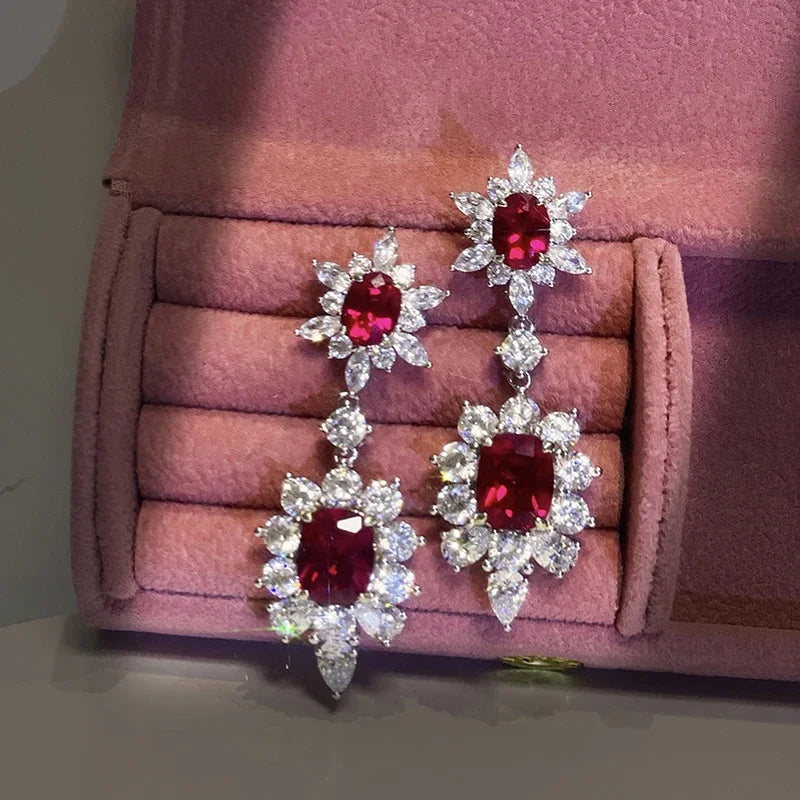 Huitan Elegant Brilliant Red/White Cubic Zirconia Hanging Earrings for Women Wedding Fashion Jewelry Silver Plated Drop Earrings
