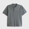 OEM Premium Oversized Fit Heavyweight 100% Cotton Woven Solid Blank Henley T Shirts Short Sleeve Front Button Down