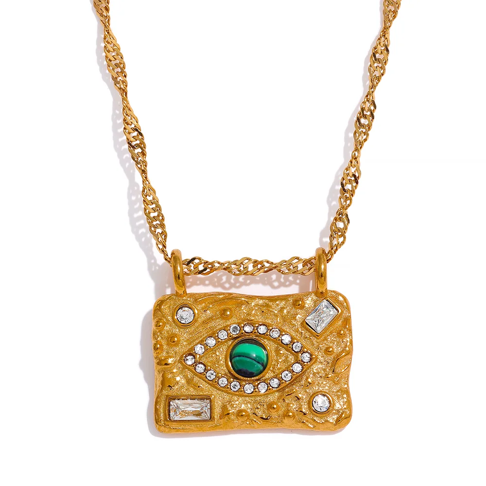 JINYOU 1993 Vintage Fashion Stone Eye Bead Zircon Square Pendant Stainless Steel Luxury Necklace for Women Charm Golden Jewelry