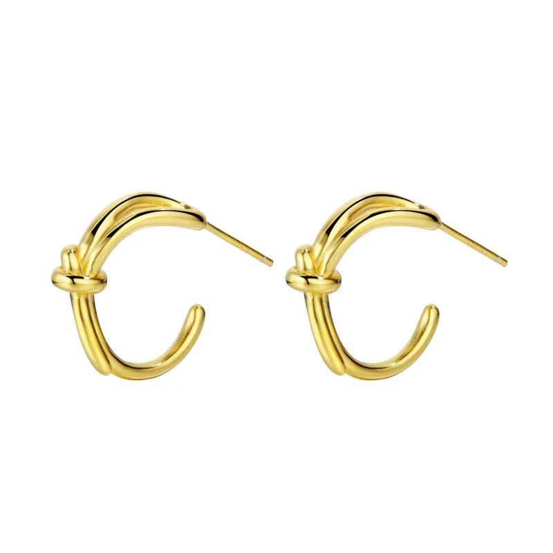 Chunky 18K Gold Plated 925 Sterling Silver Trendy Twisted Rope Knot Double Wire Hollow Stud Earrings for Women Parties & Gifts