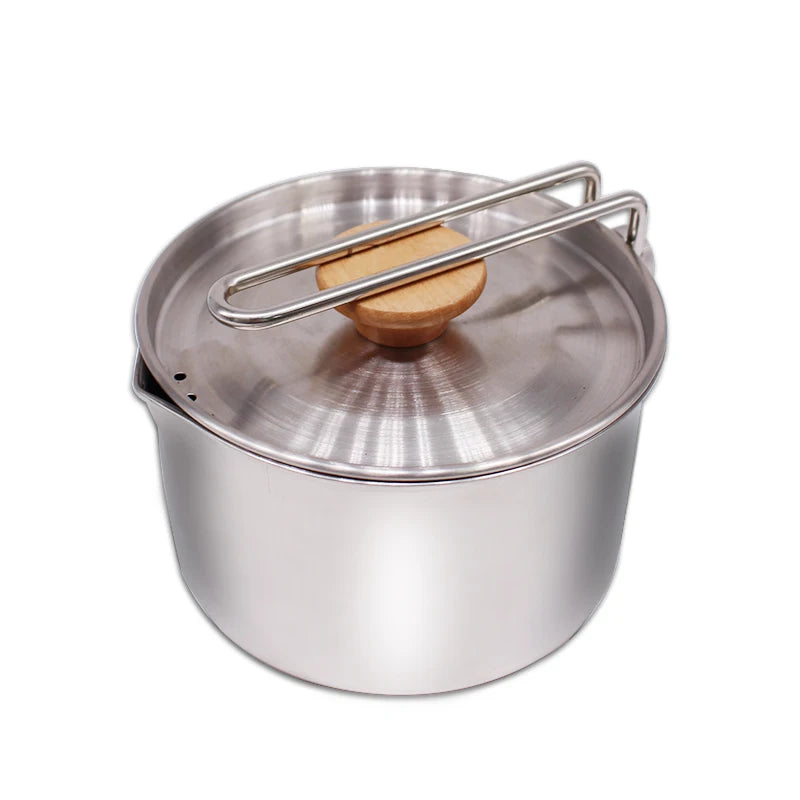 1.2L Stainless Steel Portable Cookware with Wood Handle for Outdoor Bushcraft Survival Cooking