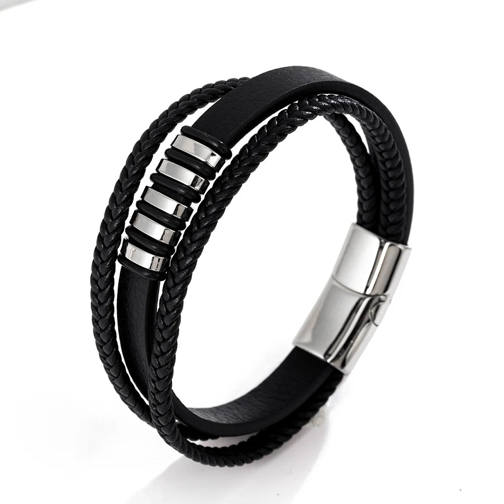 Hot Selling Men's Wristband Cuff Bracelet Stainless Trendy Leather Steel Leather Bracelet for Men