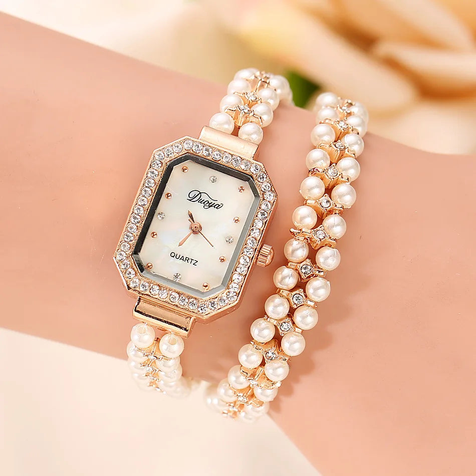 Luxury Women Rose Gold Watch Elegant Pearl Watch Bracelet for Women Ladies Quartz Diamond Elegant Female Wristwatch Bracelet Set