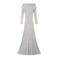 Vintage Elegant Style Casual Lady Autumn Boat Neck off Shoulder Long Sleeve Women Knit Striped A-Line Maxi Dress