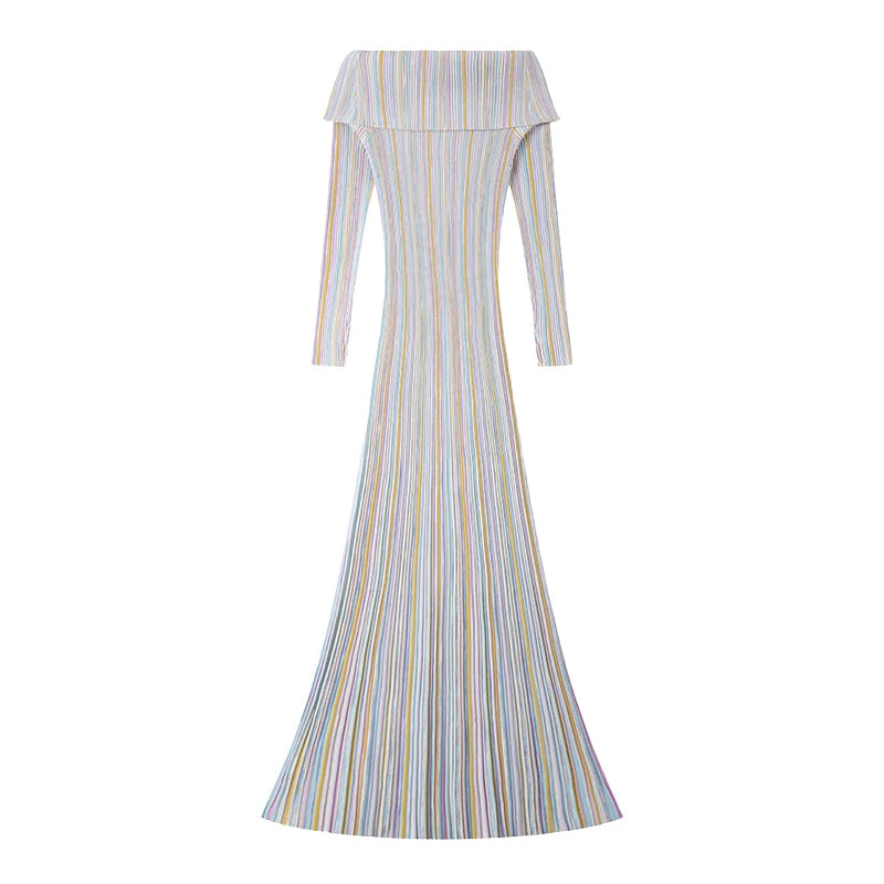 Vintage Elegant Style Casual Lady Autumn Boat Neck off Shoulder Long Sleeve Women Knit Striped A-Line Maxi Dress