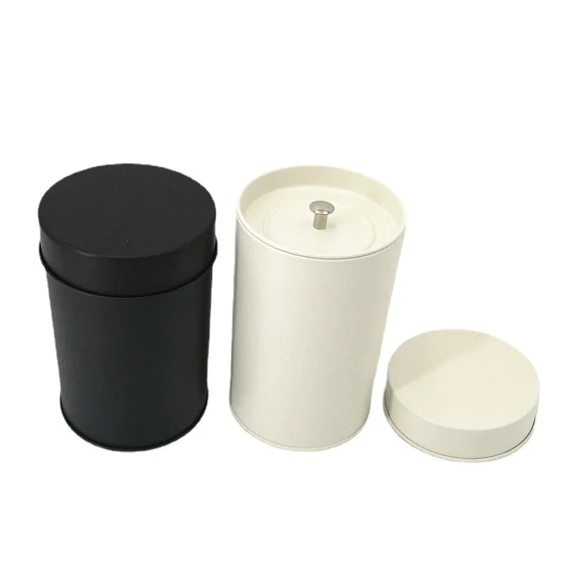 Empty Tall Round Cylinder White Matte Black Double Lid Airtight Metal Coffee Box Tea Tins MegaBDM