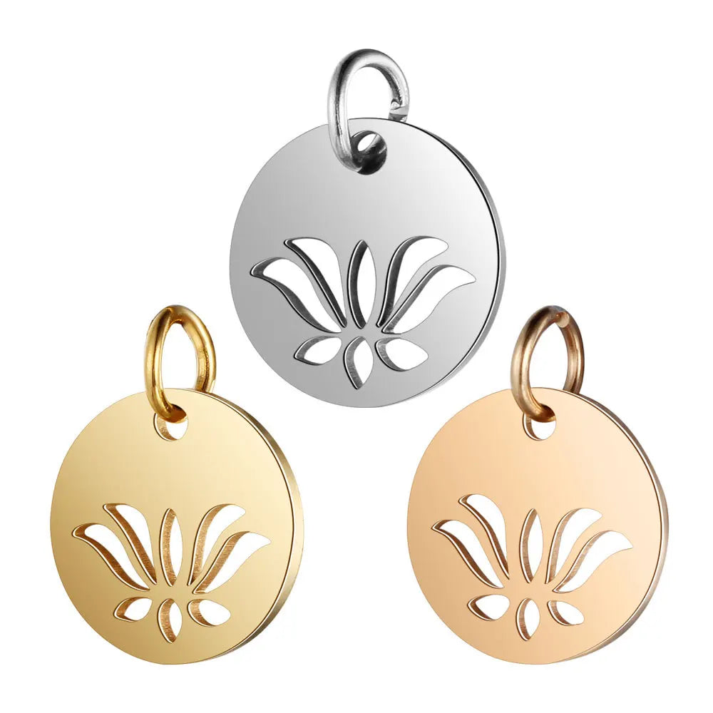 Laser Cut Wholesale Flower Cheap Price Stainless Steel Lotus Round Bracelet Charm Pendant MegaBDM