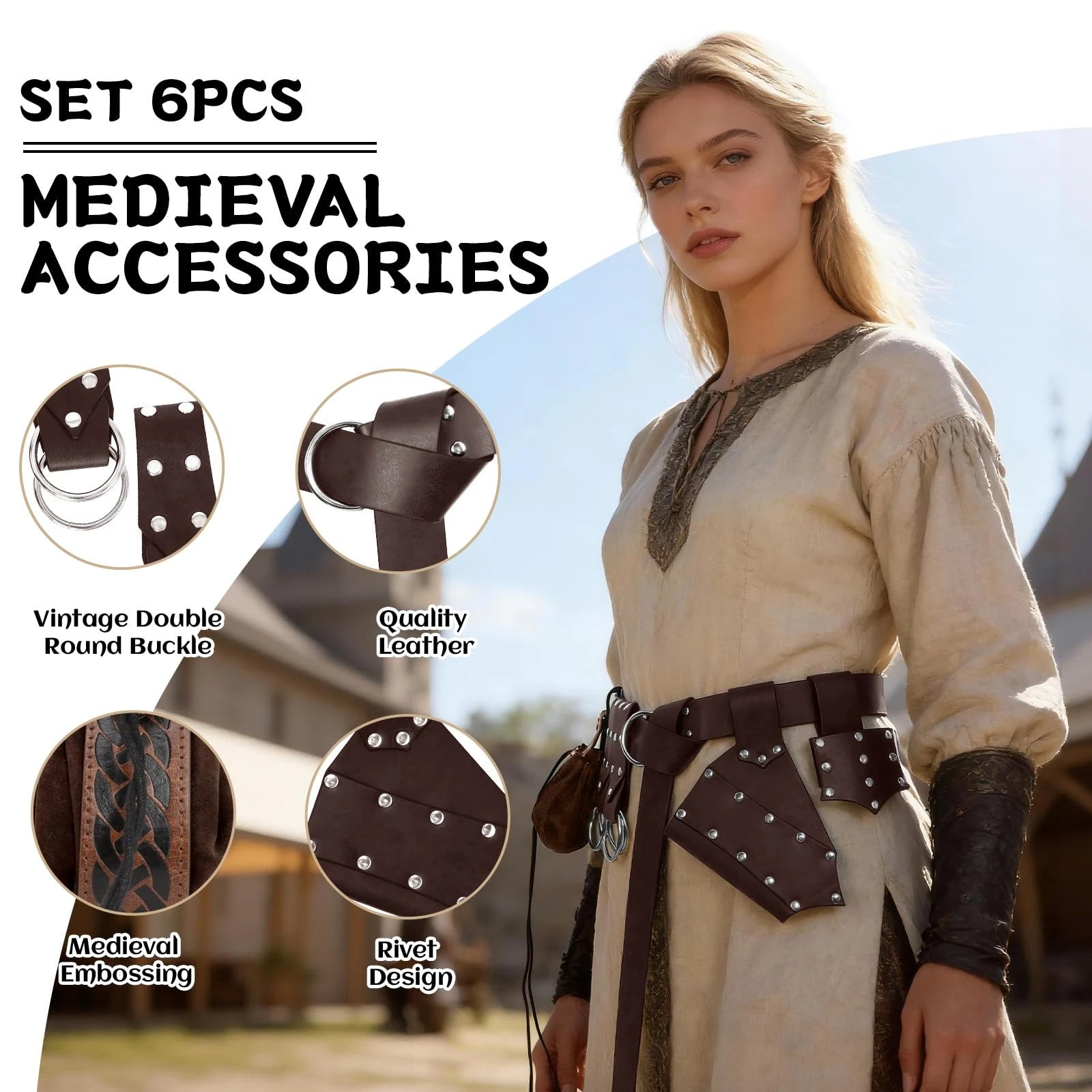 6Pcs Medieval Faux Leather Vest Accessories Set Vintage Waist Vest with Pouch for LARP Cosplay Renaissance Faire Costume Unisex