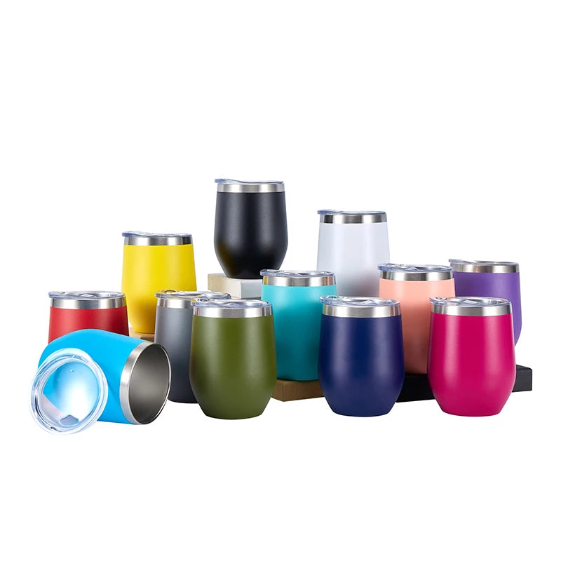 Hot Selling Custom Insulated Travel Coffee Mug Cup 12 oz Double Wall Stainless Steel Stemless Wine Glass Tumbler With Lid