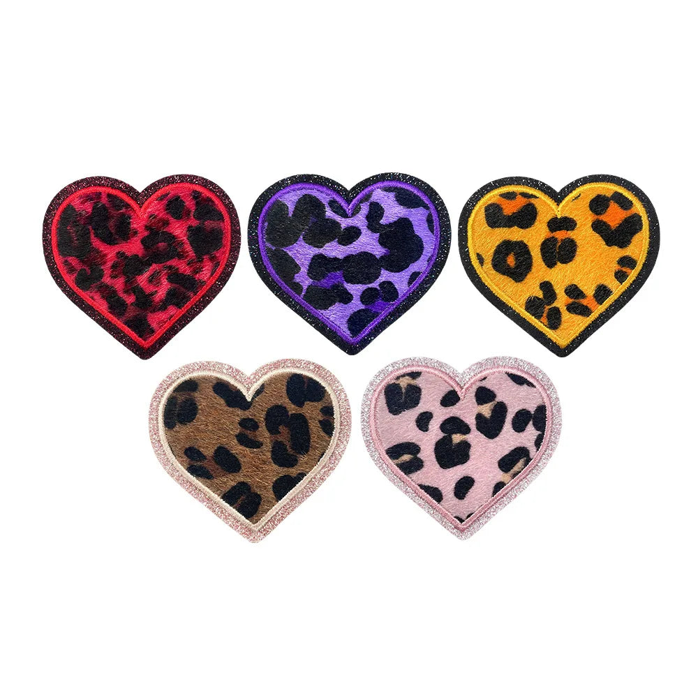Iron on Glitter Edge  colorful Leopard pattern heart Patch for Hat Hoodies Decoration