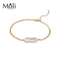 Oblong Shape Baroque Pearl Charm Bracelet with Gold Plated Copper Chain Bracelet Jewelry