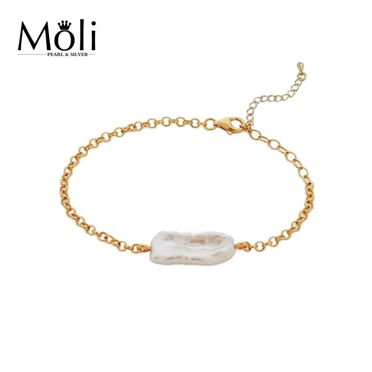 Oblong Shape Baroque Pearl Charm Bracelet with Gold Plated Copper Chain Bracelet Jewelry