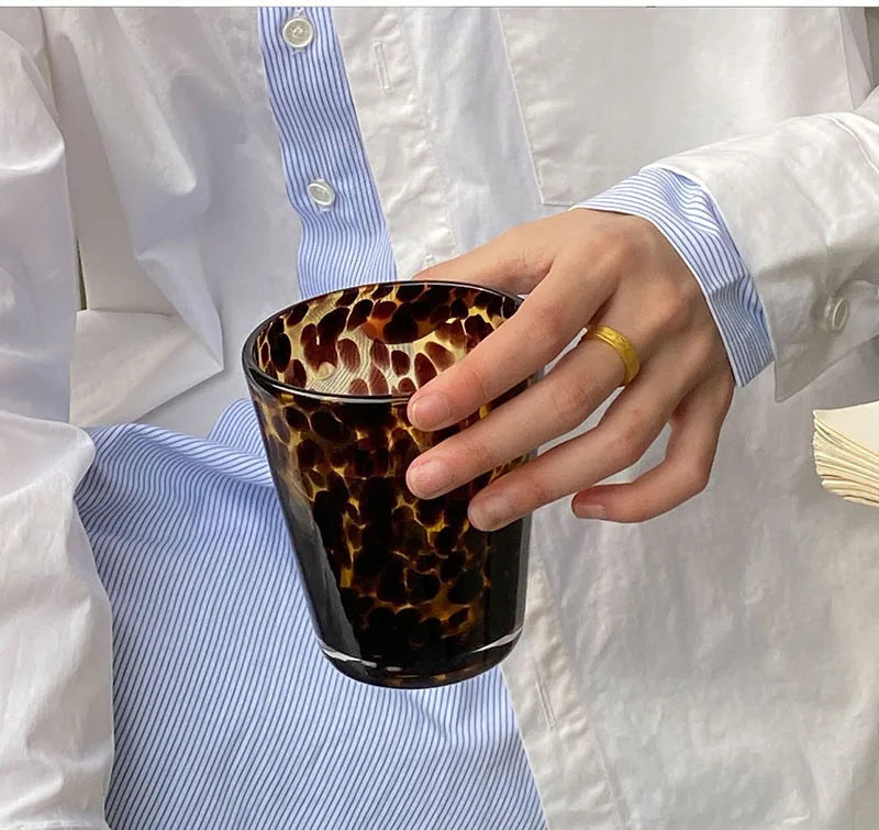 Ins Amber Vintage Glass Cup Hand Painted Leopard Print Coffee Cup