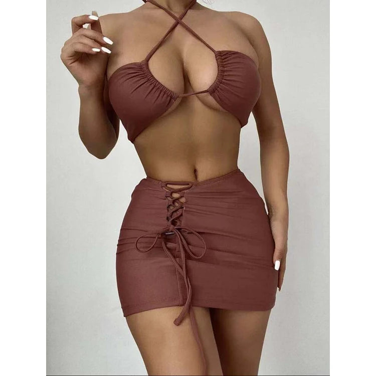 2021 New Three Piece Swimsuit Bandage Design Solid Color Fitness Bikini Beachwear Old