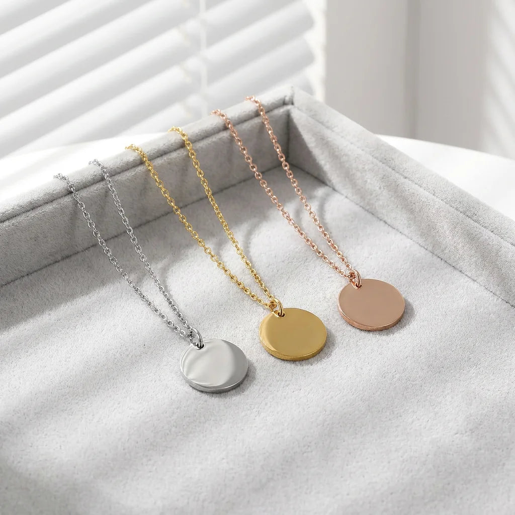 Women Stainless Steel Gold Plated Jewelry Blank Round Disc Pendant Custom Name Necklace
