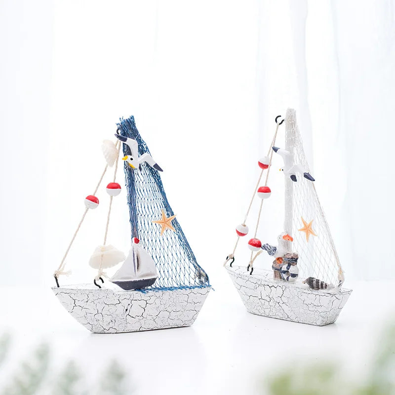 14cm Mediterranean Nautical Home Bathroom Desk Decor Beach Small Wood Sculpture Crafts Wooden Model Sailboat Sail Boat Ship