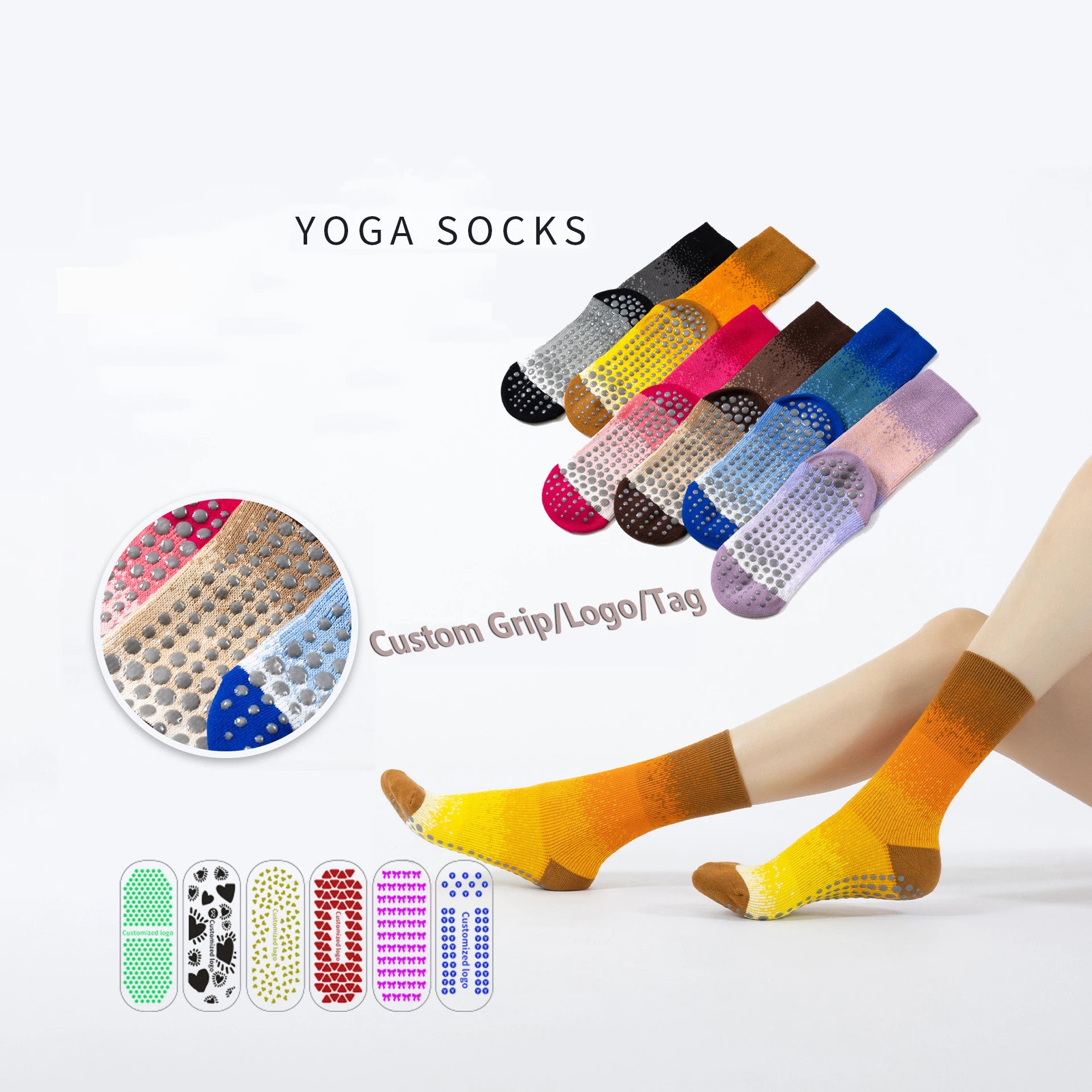 Trendy Double Needle Cotton Custom Calcetas Gradient Pilates Socks Women Crew Anti-Slip Yoga Grip Socks
